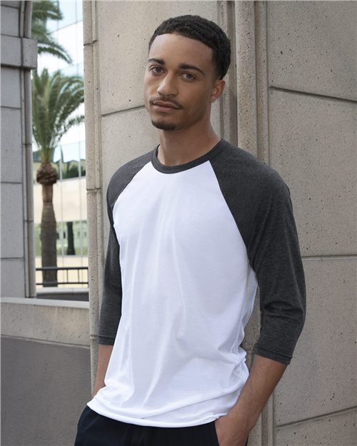 American Apparel - Unisex USA-Made 50/50 Poly/Cotton Raglan Three-Quarter Sleeve Tee. BB453US