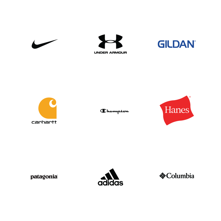 Featured brand logos — American Apparel, Comfort Colors, Nike, Carhartt, Champion, Gildan, and more